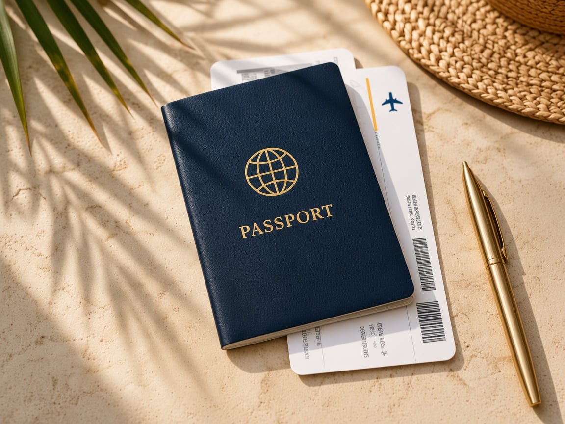 Navy passport, boarding passes and a pen on a sunny table
